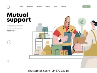 Mutual Support: Bringing groceries to food bank -modern flat vector concept illustration of people donating food to food pantry A metaphor of voluntary, collaborative exchanges of resource, services