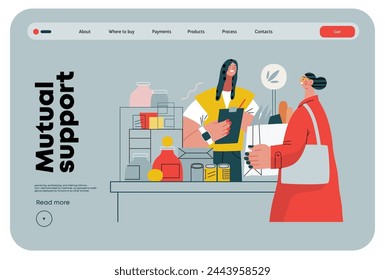 Mutual Support: Bringing groceries to food bank -modern flat vector concept illustration of people donating food to food pantry A metaphor of voluntary, collaborative exchanges of resource, services