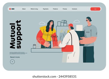 Mutual Support: Bringing groceries to food bank -modern flat vector concept illustration of people donating food to food pantry A metaphor of voluntary, collaborative exchanges of resource, services