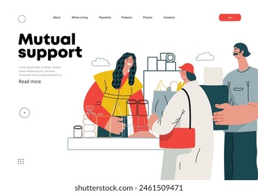 Mutual Support: Bringing groceries to food bank -modern flat vector concept illustration of people donating food to food pantry A metaphor of voluntary, collaborative exchanges of resource, services