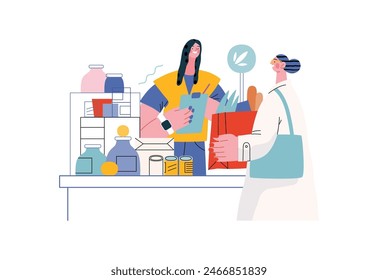 Mutual Support: Bringing groceries to food bank -modern flat vector concept illustration of people donating food to food pantry A metaphor of voluntary, collaborative exchanges of resource, services