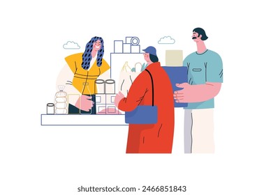 Mutual Support: Bringing groceries to food bank -modern flat vector concept illustration of people donating food to food pantry A metaphor of voluntary, collaborative exchanges of resource, services