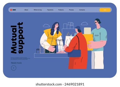 Mutual Support: Bringing groceries to food bank -modern flat vector concept illustration of people donating food to food pantry A metaphor of voluntary, collaborative exchanges of resource, services