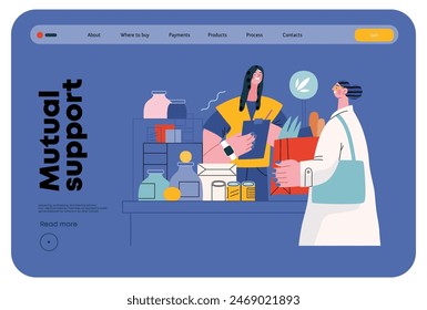 Mutual Support: Bringing groceries to food bank -modern flat vector concept illustration of people donating food to food pantry A metaphor of voluntary, collaborative exchanges of resource, services