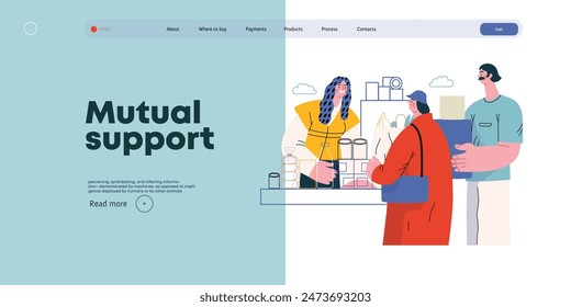 Mutual Support: Bringing groceries to food bank -modern flat vector concept illustration of people donating food to food pantry A metaphor of voluntary, collaborative exchanges of resource, services