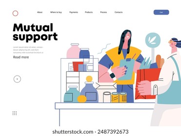 Mutual Support: Bringing groceries to food bank -modern flat vector concept illustration of people donating food to food pantry A metaphor of voluntary, collaborative exchanges of resource, services