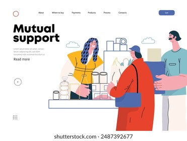 Mutual Support: Bringing groceries to food bank -modern flat vector concept illustration of people donating food to food pantry A metaphor of voluntary, collaborative exchanges of resource, services