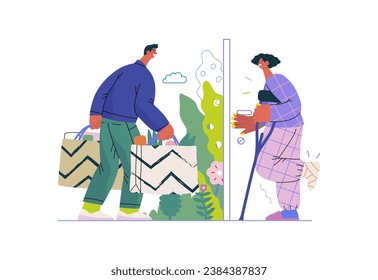 Mutual Support Buying groceries for ill neighbor -modern flat vector concept illustration of man carrying shopping bags for woman on crutches Metaphor of voluntary, collaborative exchanges of services