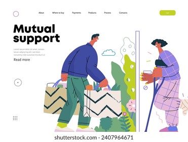 Mutual Support Buying groceries for ill neighbor -modern flat vector concept illustration of man carrying shopping bags for woman on crutches Metaphor of voluntary, collaborative exchanges of services