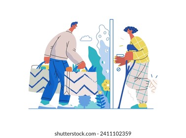 Mutual Support Buying groceries for ill neighbor -modern flat vector concept illustration of man carrying shopping bags for woman on crutches Metaphor of voluntary, collaborative exchanges of services