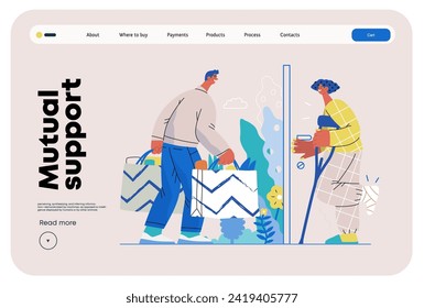 Mutual Support Buying groceries for ill neighbor -modern flat vector concept illustration of man carrying shopping bags for woman on crutches Metaphor of voluntary, collaborative exchanges of services