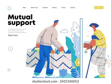 Mutual Support Buying groceries for ill neighbor -modern flat vector concept illustration of man carrying shopping bags for woman on crutches Metaphor of voluntary, collaborative exchanges of services