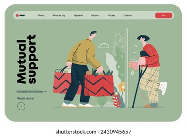 Mutual Support Buying groceries for ill neighbor -modern flat vector concept illustration of man carrying shopping bags for woman on crutches Metaphor of voluntary, collaborative exchanges of services