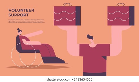 Mutual Support. Buying groceries for ill neighbor. Man carrying shopping bags for women on wheelchair. Metaphor of voluntary, collaborative exchanges of services. Flat vector illustration.