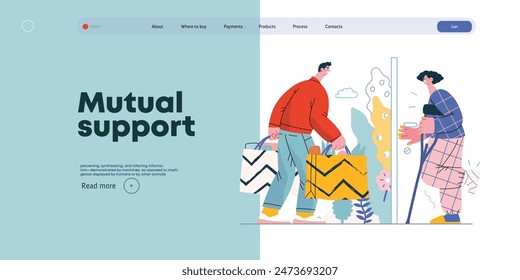 Mutual Support Buying groceries for ill neighbor -modern flat vector concept illustration of man carrying shopping bags for woman on crutches Metaphor of voluntary, collaborative exchanges of services