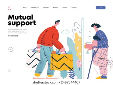 Mutual Support Buying groceries for ill neighbor -modern flat vector concept illustration of man carrying shopping bags for woman on crutches Metaphor of voluntary, collaborative exchanges of services