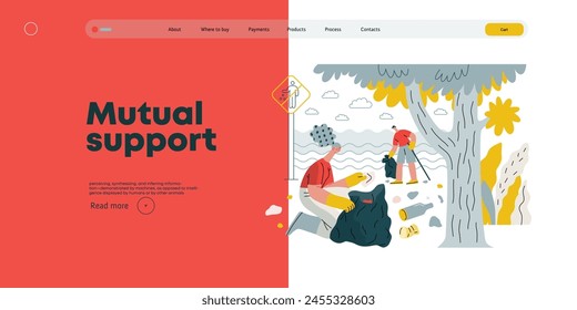 Asistencia mutua: Limpieza de la basura, colección de basura - moderno concepto de Vector plano ilustración de personas recogiendo basura en la playa Una metáfora de intercambios voluntarios y colaborativos de recursos