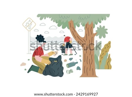 Mutual Support: Cleaning up trash, Garbage collection -modern flat vector concept illustration of people collecting trash on the beach A metaphor of voluntary, collaborative exchanges of resource