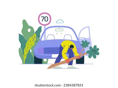 Mutual Support: Clearing an obstacle from the way -modern flat vector concept illustration of a man removing a fallen branch from the road A metaphor of voluntary, collaborative exchanges of services
