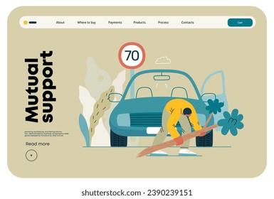 Mutual Support: Clearing an obstacle from the way -modern flat vector concept illustration of a man removing a fallen branch from the road A metaphor of voluntary, collaborative exchanges of services