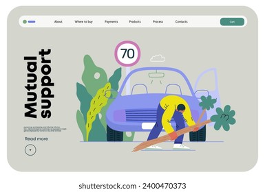 Mutual Support: Clearing an obstacle from the way -modern flat vector concept illustration of a man removing a fallen branch from the road A metaphor of voluntary, collaborative exchanges of services
