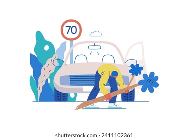 Mutual Support: Clearing an obstacle from the way -modern flat vector concept illustration of a man removing a fallen branch from the road A metaphor of voluntary, collaborative exchanges of services