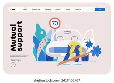 Mutual Support: Clearing an obstacle from the way -modern flat vector concept illustration of a man removing a fallen branch from the road A metaphor of voluntary, collaborative exchanges of services