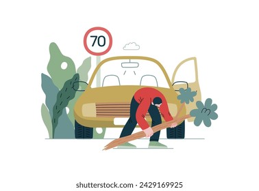 Mutual Support: Clearing an obstacle from the way -modern flat vector concept illustration of a man removing a fallen branch from the road A metaphor of voluntary, collaborative exchanges of services