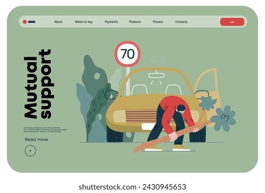 Mutual Support: Clearing an obstacle from the way -modern flat vector concept illustration of a man removing a fallen branch from the road A metaphor of voluntary, collaborative exchanges of services