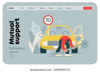 Mutual Support: Clearing an obstacle from the way -modern flat vector concept illustration of a man removing a fallen branch from the road A metaphor of voluntary, collaborative exchanges of services