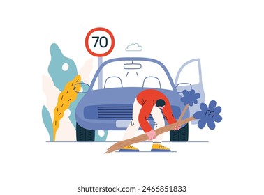 Mutual Support: Clearing an obstacle from the way -modern flat vector concept illustration of a man removing a fallen branch from the road A metaphor of voluntary, collaborative exchanges of services