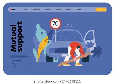 Mutual Support: Clearing an obstacle from the way -modern flat vector concept illustration of a man removing a fallen branch from the road A metaphor of voluntary, collaborative exchanges of services