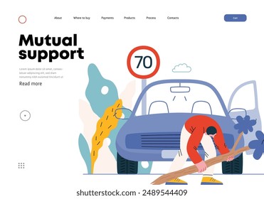 Mutual Support: Clearing an obstacle from the way -modern flat vector concept illustration of a man removing a fallen branch from the road A metaphor of voluntary, collaborative exchanges of services