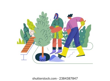 Mutual Support: Community yard improvement -modern flat vector concept illustration of people planting trees and plants A metaphor of voluntary, collaborative exchanges of resource, services