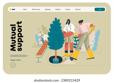 Mutual Support: Community yard improvement -modern flat vector concept illustration of people planting trees and plants A metaphor of voluntary, collaborative exchanges of resource, services