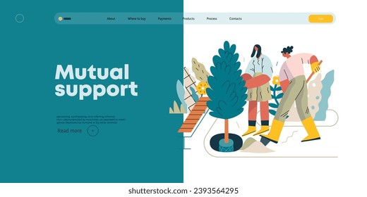 Mutual Support: Community yard improvement -modern flat vector concept illustration of people planting trees and plants A metaphor of voluntary, collaborative exchanges of resource, services