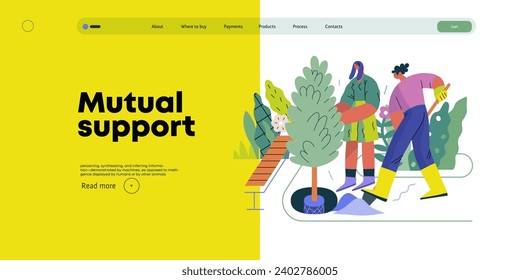 Apoyo mutuo: Mejora de los astilleros comunitarios - moderna ilustración del concepto de vector plano de las personas que plantan árboles y plantas Una metáfora de intercambios voluntarios y colaborativos de recursos, servicios