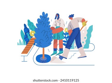 Mutual Support: Community yard improvement -modern flat vector concept illustration of people planting trees and plants A metaphor of voluntary, collaborative exchanges of resource, services