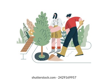Apoyo Mutuo: Mejora de patios comunitarios - ilustración vectorial plana moderna de personas plantando árboles y plantas Una metáfora de intercambios voluntarios y colaborativos de recursos, servicios