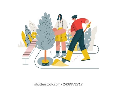 Mutual Support: Community yard improvement -modern flat vector concept illustration of people planting trees and plants A metaphor of voluntary, collaborative exchanges of resource, services