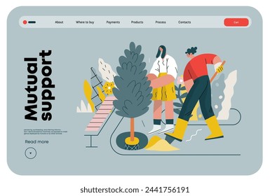 Mutual Support: Community yard improvement -modern flat vector concept illustration of people planting trees and plants A metaphor of voluntary, collaborative exchanges of resource, services