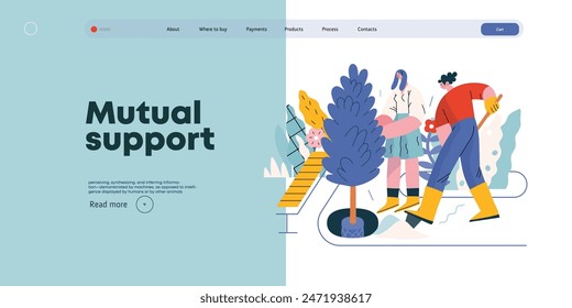 Mutual Support: Community yard improvement -modern flat vector concept illustration of people planting trees and plants A metaphor of voluntary, collaborative exchanges of resource, services