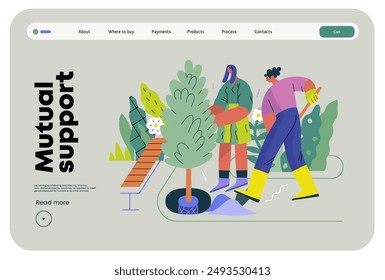 Mutual Support: Community yard improvement -modern flat vector concept illustration of people planting trees and plants A metaphor of voluntary, collaborative exchanges of resource, services