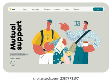 Mutual Support: Directing a passerby -modern flat vector concept illustration of man pointing the way to a tourist. A metaphor of voluntary, collaborative exchanges of resource, services
