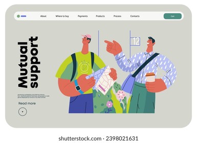 Mutual Support: Directing a passerby -modern flat vector concept illustration of man pointing the way to a tourist. A metaphor of voluntary, collaborative exchanges of resource, services