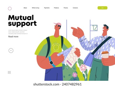 Mutual Support: Directing a passerby -modern flat vector concept illustration of man pointing the way to a tourist. A metaphor of voluntary, collaborative exchanges of resource, services