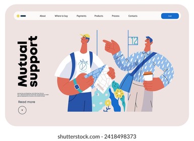 Mutual Support: Directing a passerby -modern flat vector concept illustration of man pointing the way to a tourist. A metaphor of voluntary, collaborative exchanges of resource, services