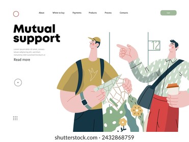 Apoyo mutuo: Dirigir a un transeúnte - ilustración vectorial plana moderna del hombre que señala el camino a un turista. Una metáfora del intercambio voluntario y colaborativo de recursos y servicios