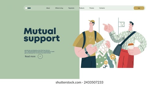 Apoyo mutuo: Dirigir a un transeúnte - ilustración vectorial plana moderna del hombre que señala el camino a un turista. Una metáfora del intercambio voluntario y colaborativo de recursos y servicios