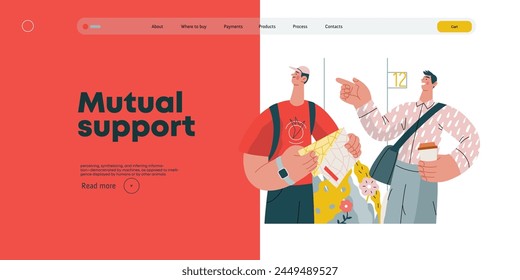 Mutual Support: Directing a passerby -modern flat vector concept illustration of man pointing the way to a tourist. A metaphor of voluntary, collaborative exchanges of resource, services